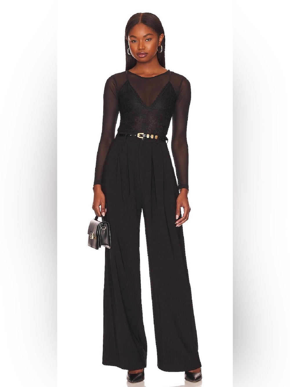 All Saints Black Lace Long-Sleeve Sheer Bodysuit